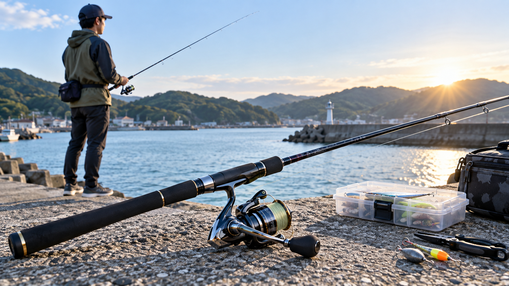 初心者向けの万能な釣り竿とリールを使って港で釣りをする様子