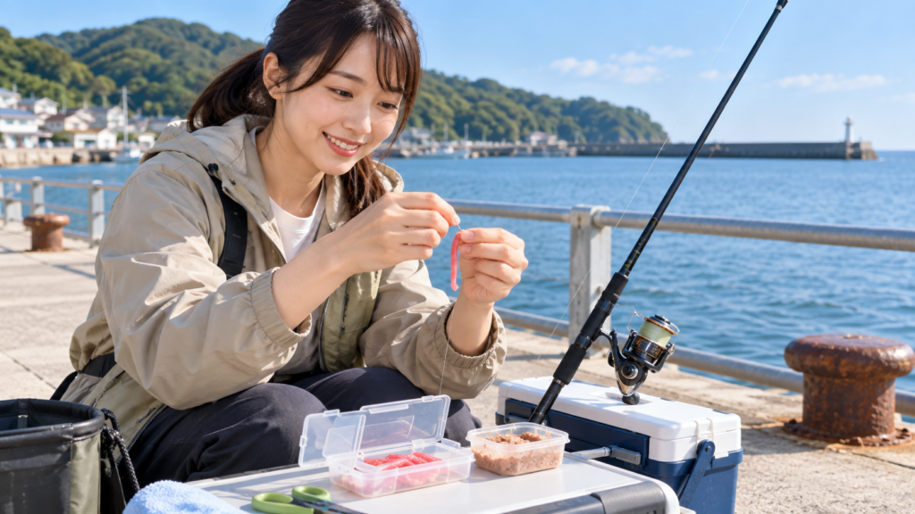 虫エサが苦手な初心者が人工イソメや練り餌で釣りを準備する様子