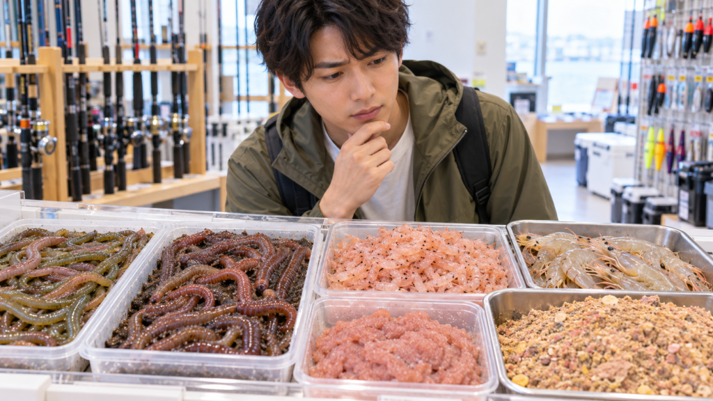 釣具店で虫エサやオキアミなど釣りエサを選ぶ初心者