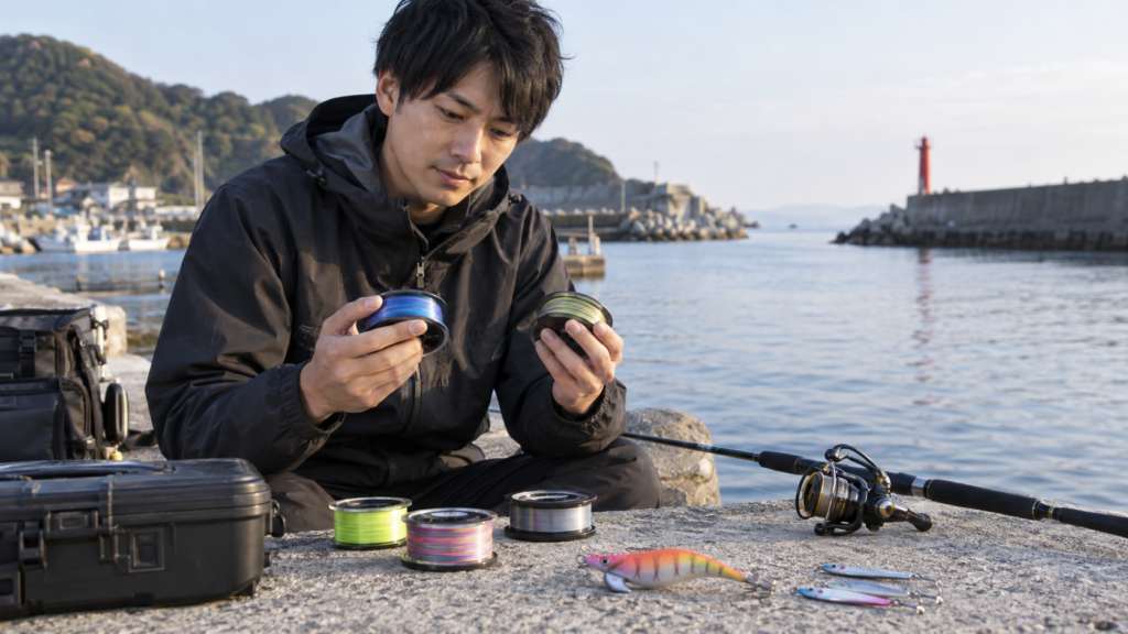 港で複数のPEラインを見比べながら号数や種類を選ぶ日本人の釣り人