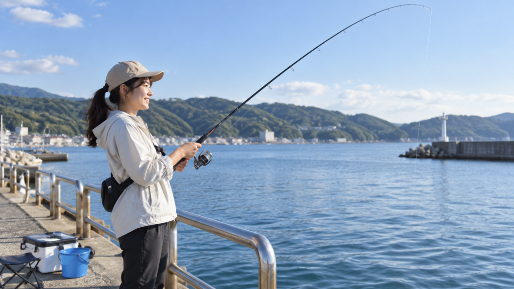 初心者が堤防で扱いやすい釣り竿を使って釣りを楽しむ様子