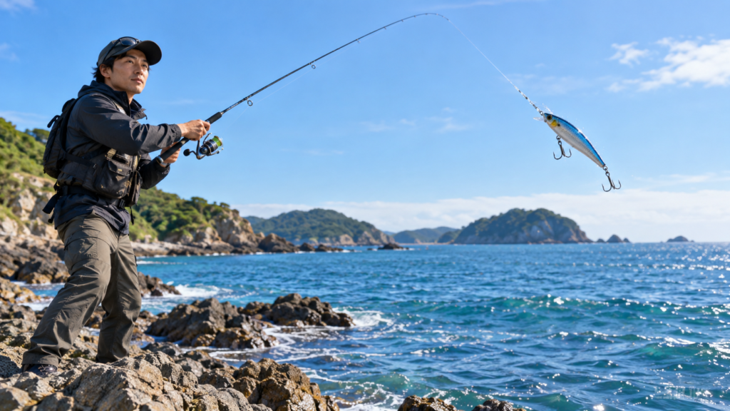 海辺でルアーをキャストする釣り初心者のイメージ