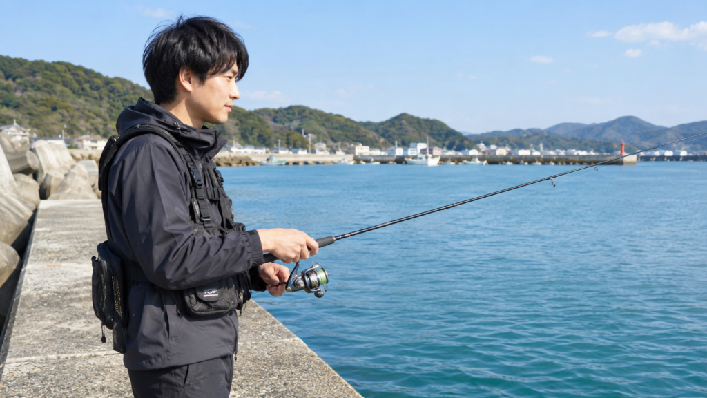 スピニングリールを使って堤防釣りをする初心者向けの釣りイメージ