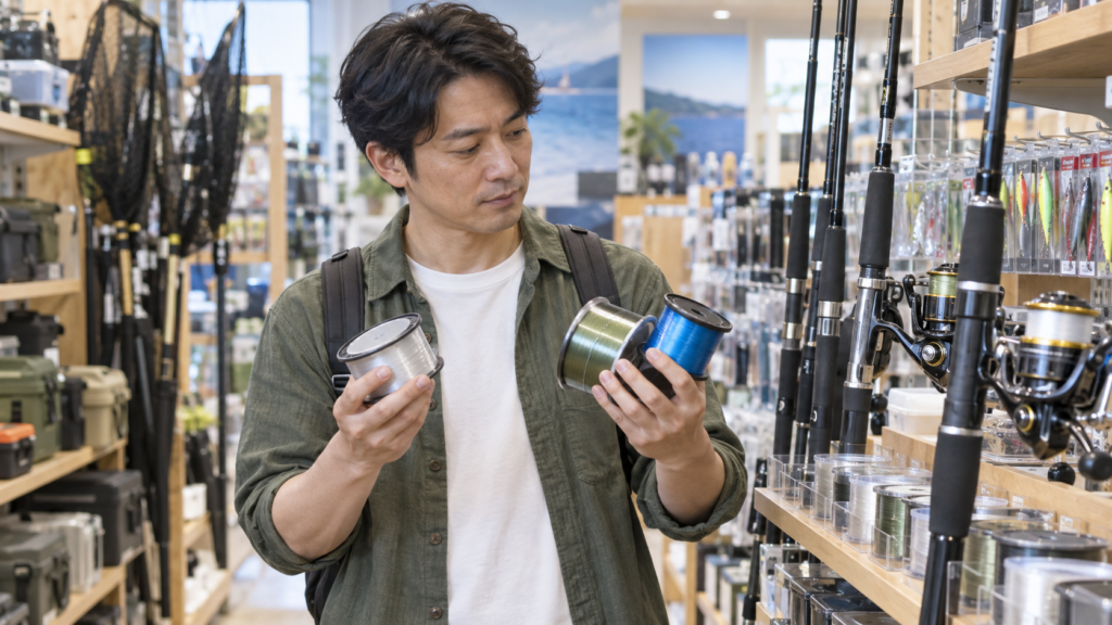 釣具店で複数の釣りラインを手に取り比較しながら選ぶ日本人男性
