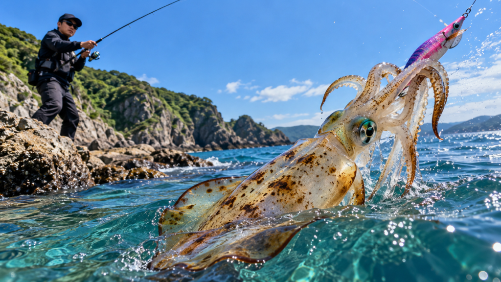 エギを抱いたアオリイカを狙う海岸でのエギング