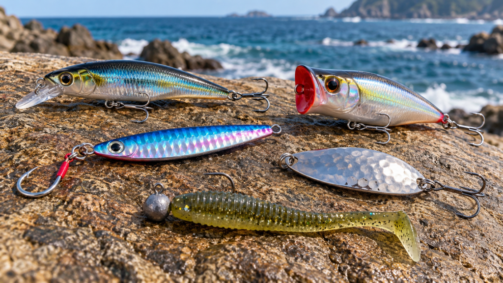 海を背景にした岩場に、形状の異なる複数種類の釣りルアーを並べた様子