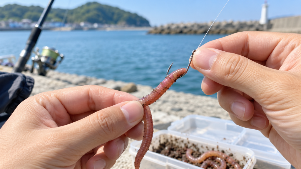 イソメなどの虫エサを釣り針に付ける基本的な方法