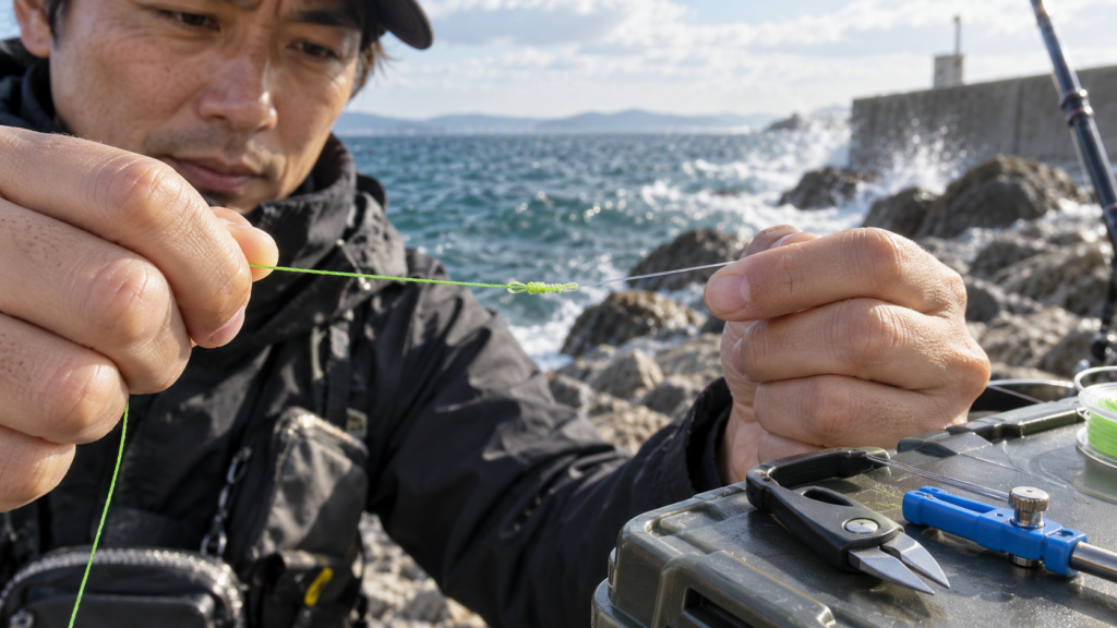 PEラインとリーダーを結んだ結束部分を見せる日本人釣り人