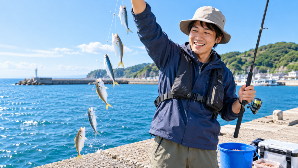 堤防でアジを複数釣り上げる初心者向けサビキ釣り