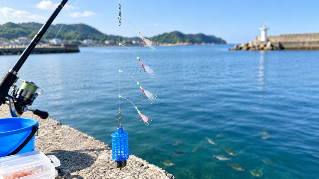 堤防の海釣りで使うサビキ仕掛けとカゴを、港の海を背景に写した海釣り初心者向け画像