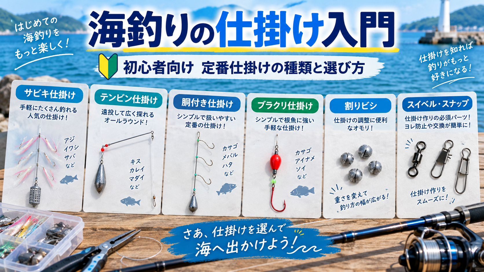 海釣り初心者向けにサビキ・天秤・胴付き・ブラクリなど定番仕掛けの種類と選び方を解説するアイキャッチ画像