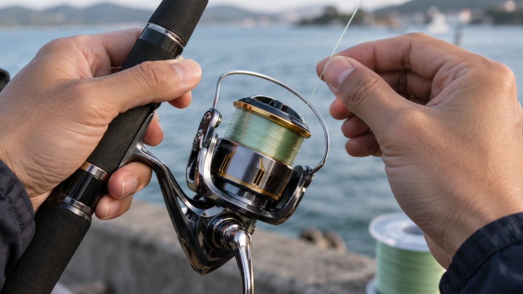 スピニングリールに釣り糸を巻きラインの状態を確認している手元