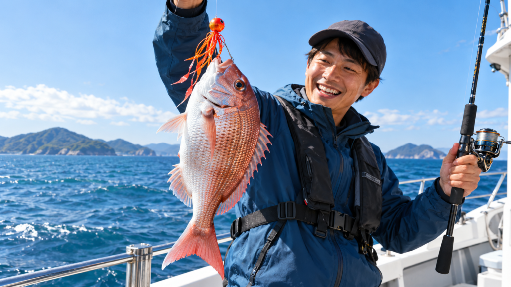 船からタイラバでマダイを釣り上げた海釣りの様子