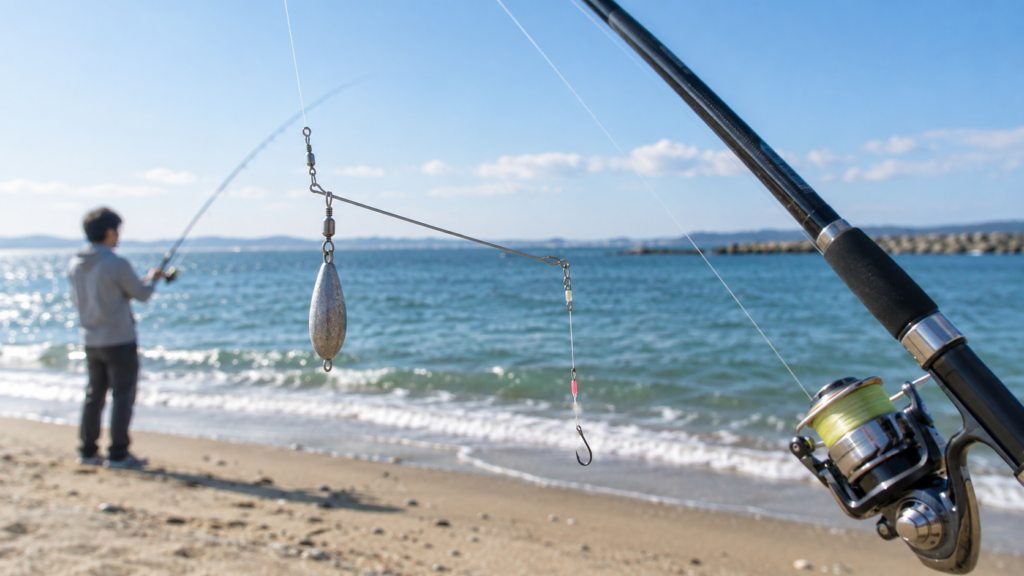 砂浜の海釣りで使う天秤仕掛けを、釣り竿と海を背景に写した初心者向けのちょい投げ画像
