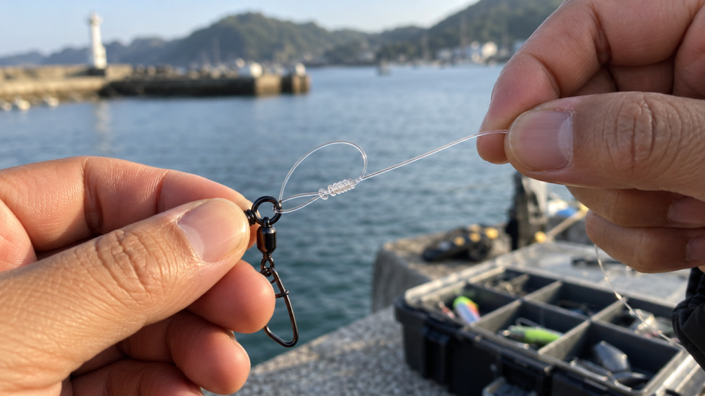 スナップ付きサルカンにユニノットで釣り糸を結ぶ手元の様子