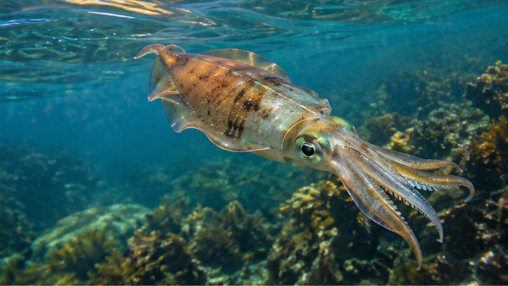 透明度の高い海中で、岩や海藻の上をアオリイカが泳いでいる様子を描いた画像。