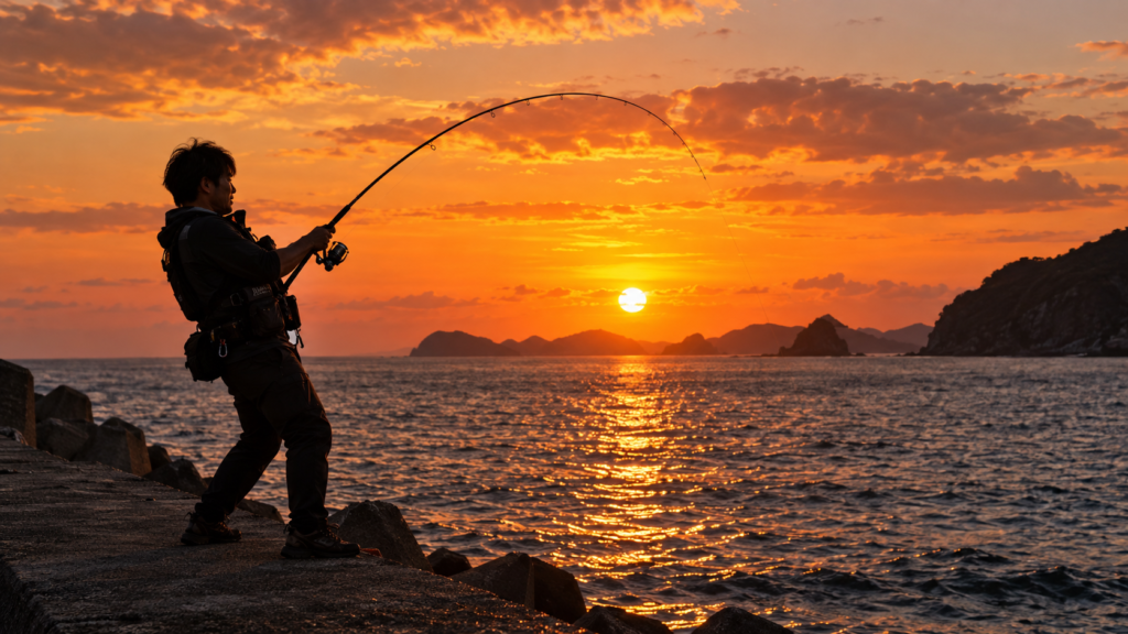 8月の夏の夕マズメに夕焼けの海を背景に堤防で釣りをする男性