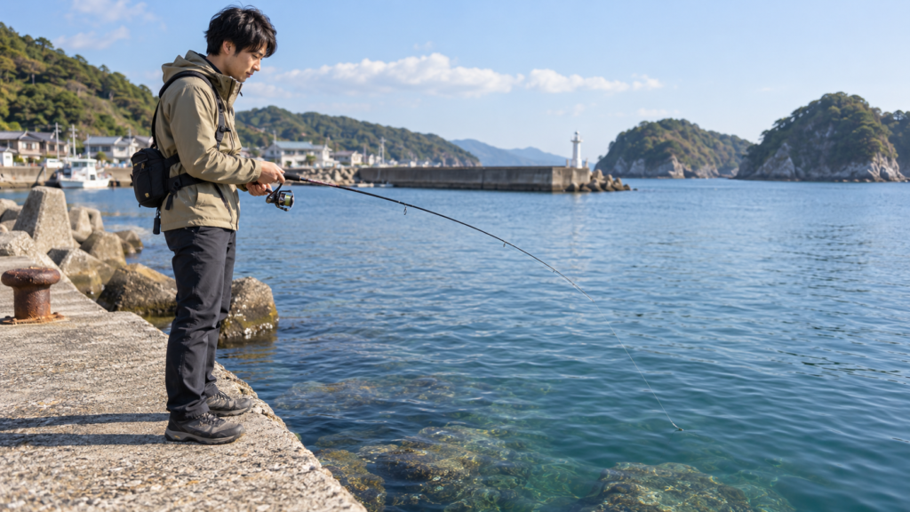 堤防でワームを使ってルアー釣りをする日本人アングラー
