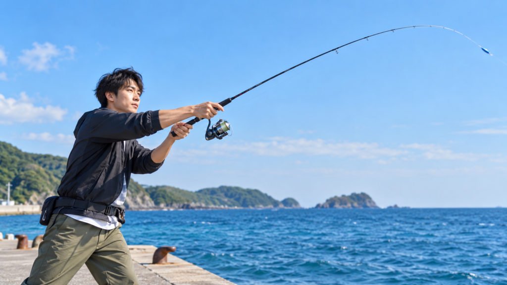 釣り初心者がスピニングリールで基本のキャストをする様子