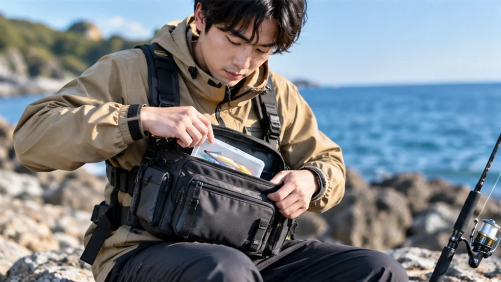 海辺で釣り用ショルダーバッグを開き、ルアーケースを取り出す男性