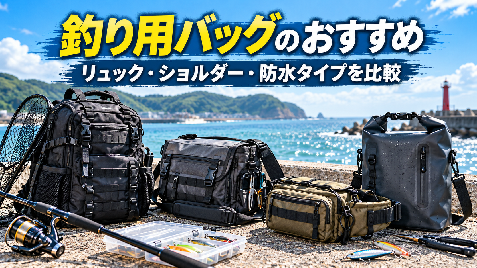 釣り用バッグのおすすめ比較。リュック・ショルダーバッグ・ウエストバッグ・防水バッグを海辺に並べたイメージ