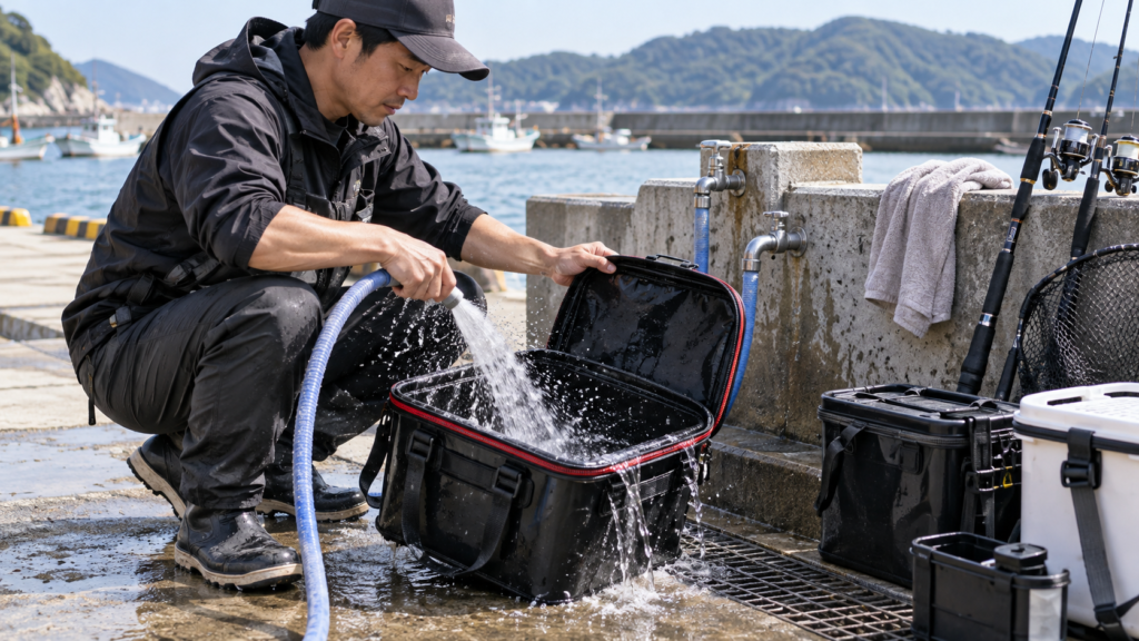 釣行後に港の水道で黒い釣り用バッカンを真水で洗っている男性の画像