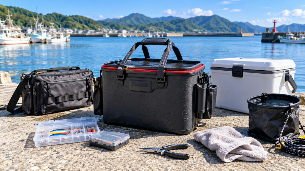 釣り用バッカンと普通の釣りバッグ、クーラーボックスを堤防に並べた比較画像