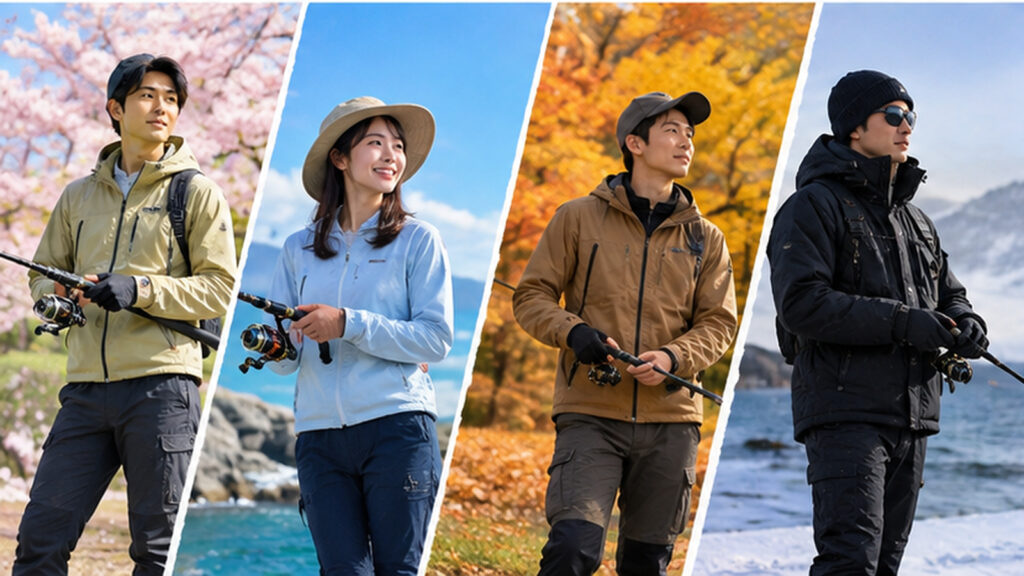 春夏秋冬の釣りの服装を比較した画像。季節に合わせた長袖ウェアや防寒ジャケットを着用する男女