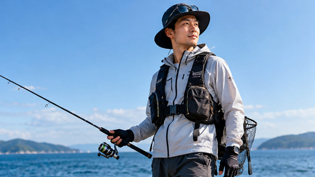 海辺で帽子・長袖ジャケット・ライフジャケットを着用し、釣り竿を持つ男性の服装