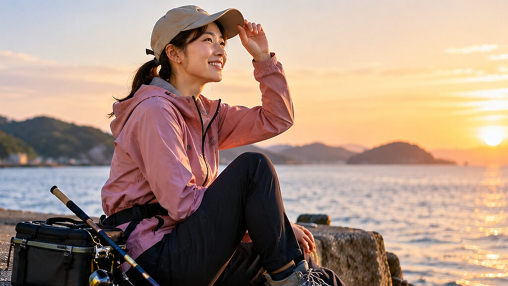 ピンクの長袖パーカー・黒のロングパンツ・帽子を着用し、夕暮れの海辺で釣りを楽しむ女性