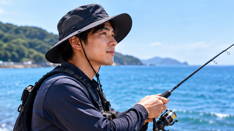 海沿いの釣り場で日差し対策用のあごひも付きつば広ハットをかぶり、釣り竿を持つ男性