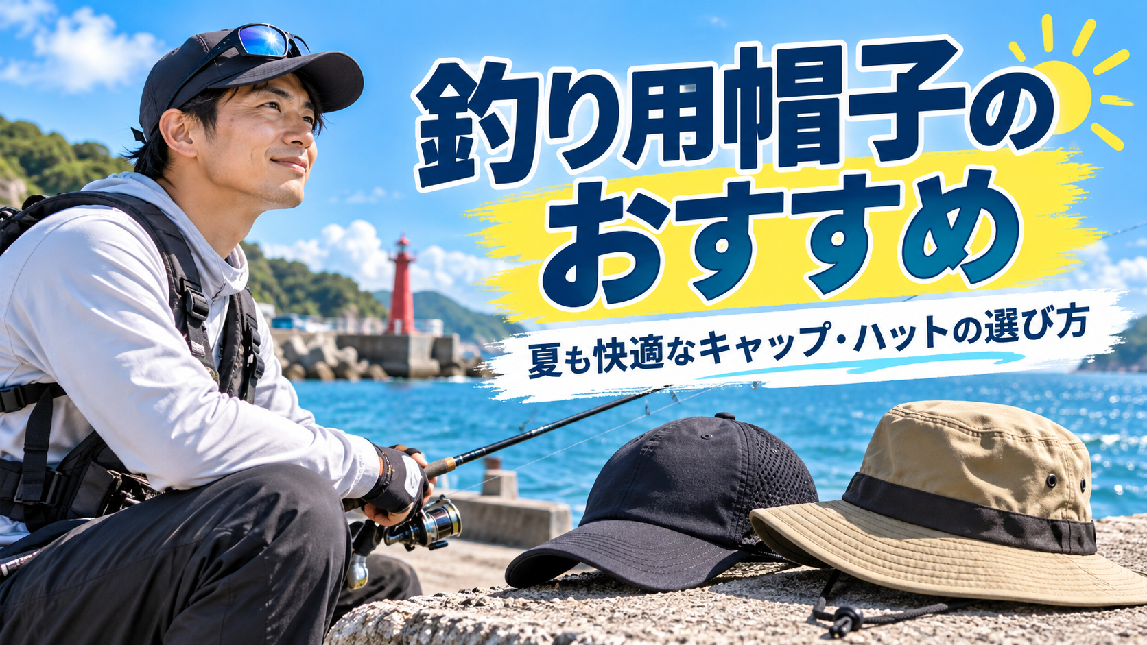 釣り用帽子のおすすめを紹介する画像。夏の堤防で釣りをする男性と、日差し対策に使えるキャップ・つば広ハット
