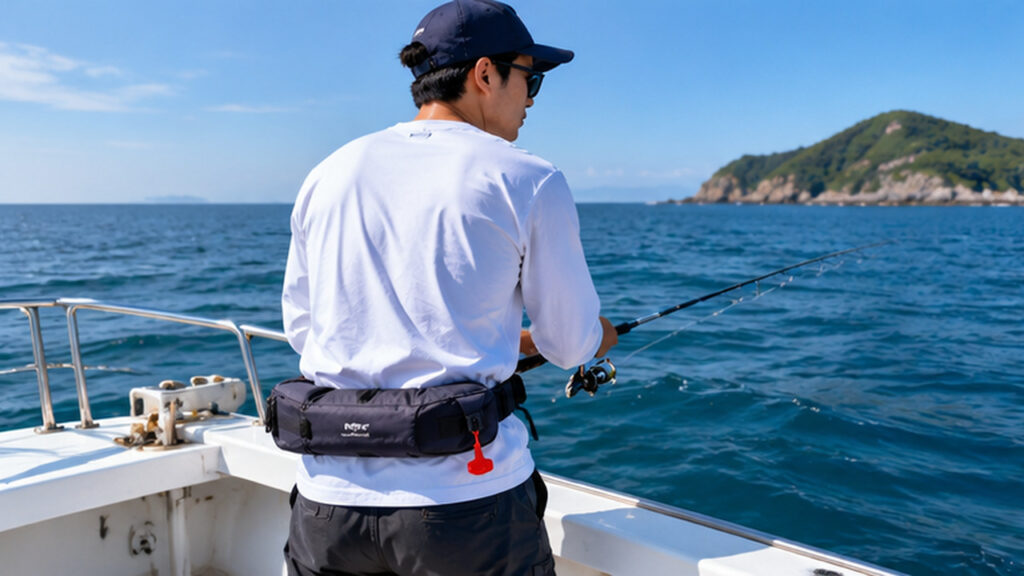 船上で腰巻き式の膨張式ライフジャケットを着用し、海に向かって釣りをする男性の後ろ姿。