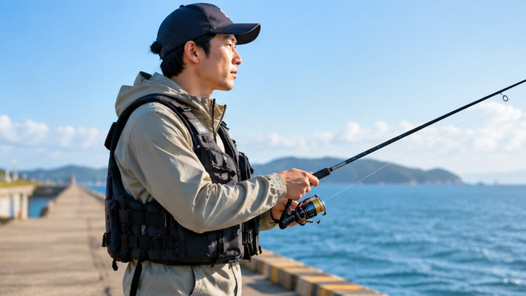 堤防で固定式ライフジャケットを着用し、釣り竿を持って海釣りを楽しむ男性の様子。