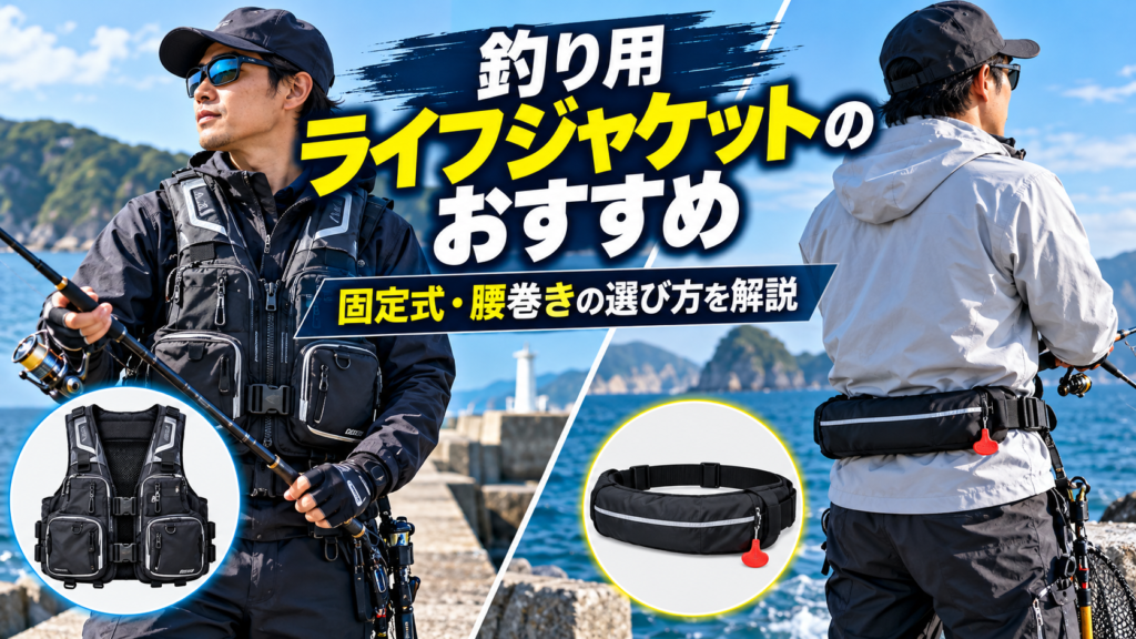 釣り用ライフジャケットのおすすめを紹介する画像。固定式ベスト型と腰巻き式を着用した釣り人を比較し、それぞれの特徴と選び方を解説。