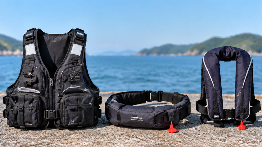 海辺に並べられた釣り用ライフジャケット3種類。固定式ベスト型・腰巻き式・肩掛け式の形状を比較。