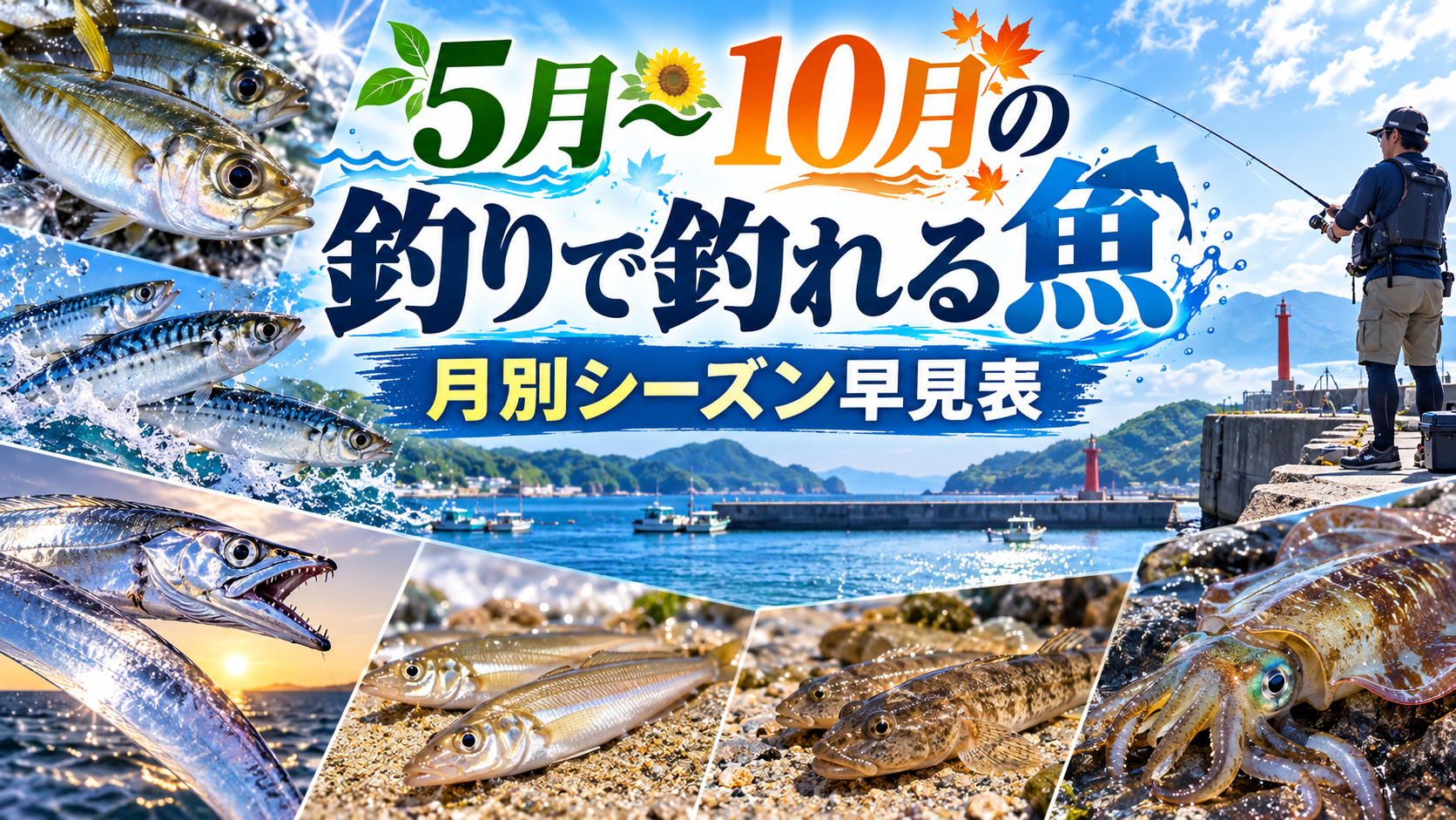 5月〜10月の釣りで釣れる魚を紹介する月別シーズン早見表のアイキャッチ画像。アジ・サバ・シロギス・ハゼ・タチウオ・アオリイカと堤防で釣りをする男性