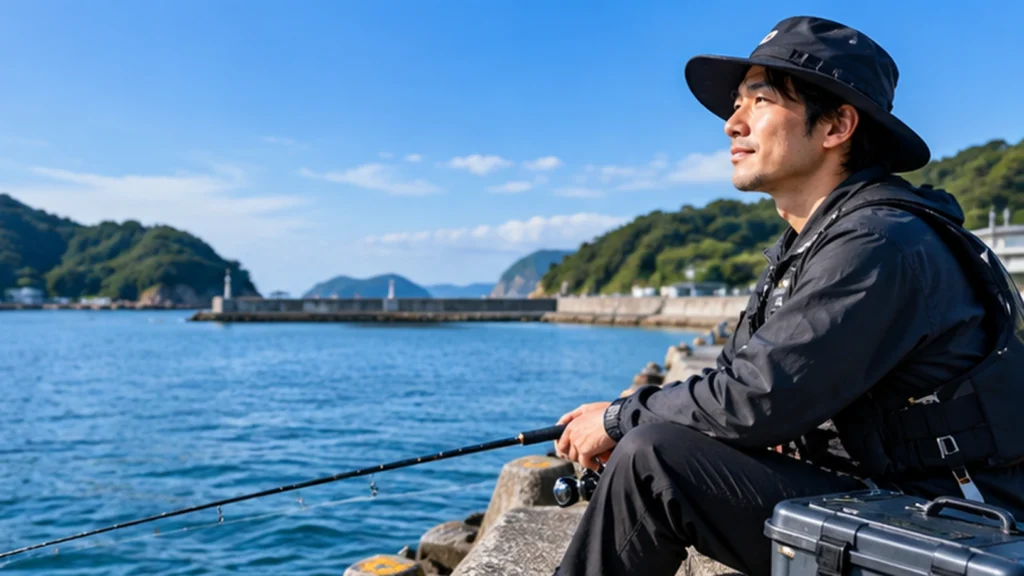晴れた港の堤防で釣り竿を持ち海を眺める男性。天気や潮を考慮した堤防釣りの様子