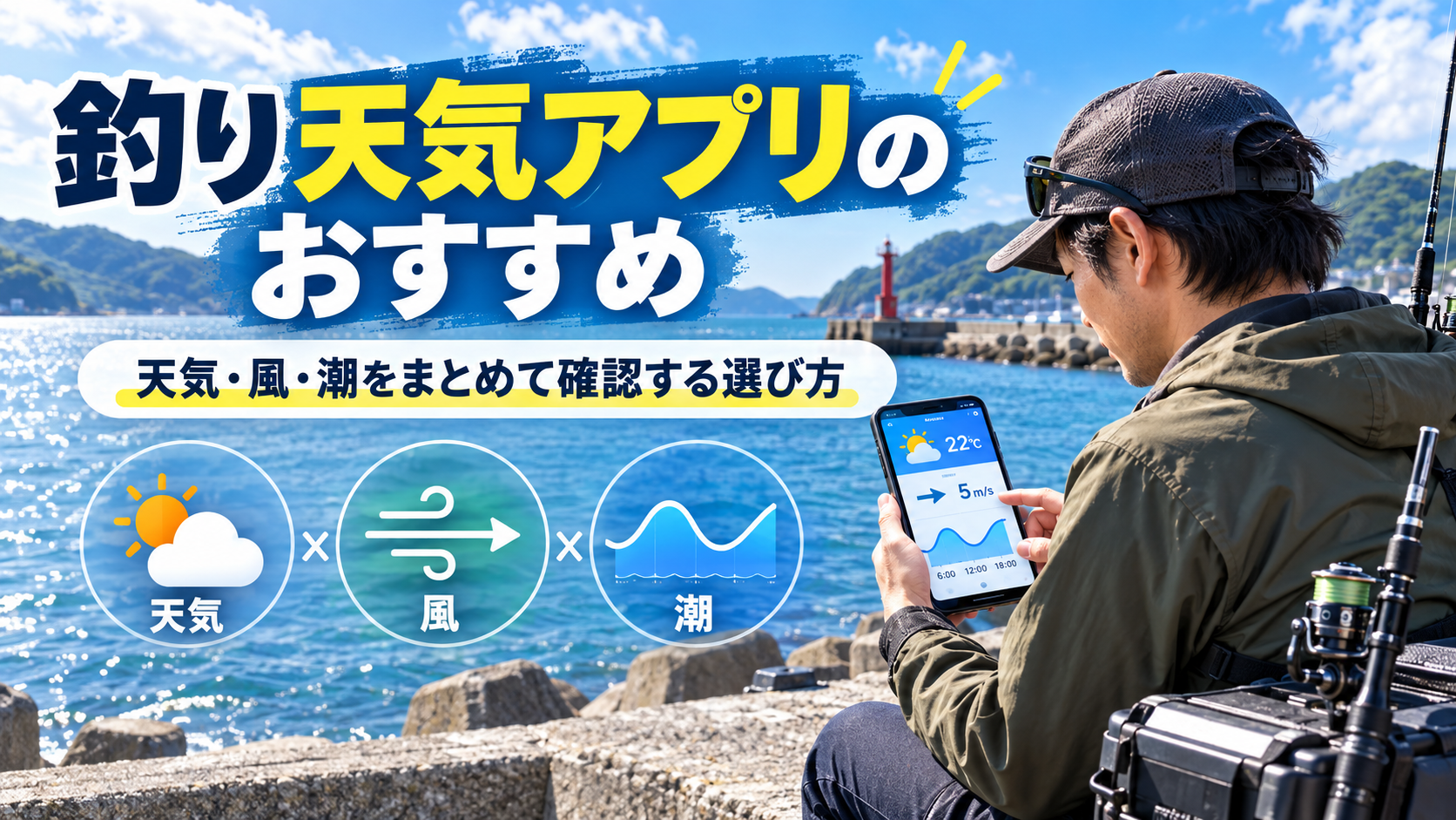 釣り天気アプリのおすすめと選び方を紹介する画像。堤防でスマホを使い、天気・風向風速・潮汐情報を確認する釣り人