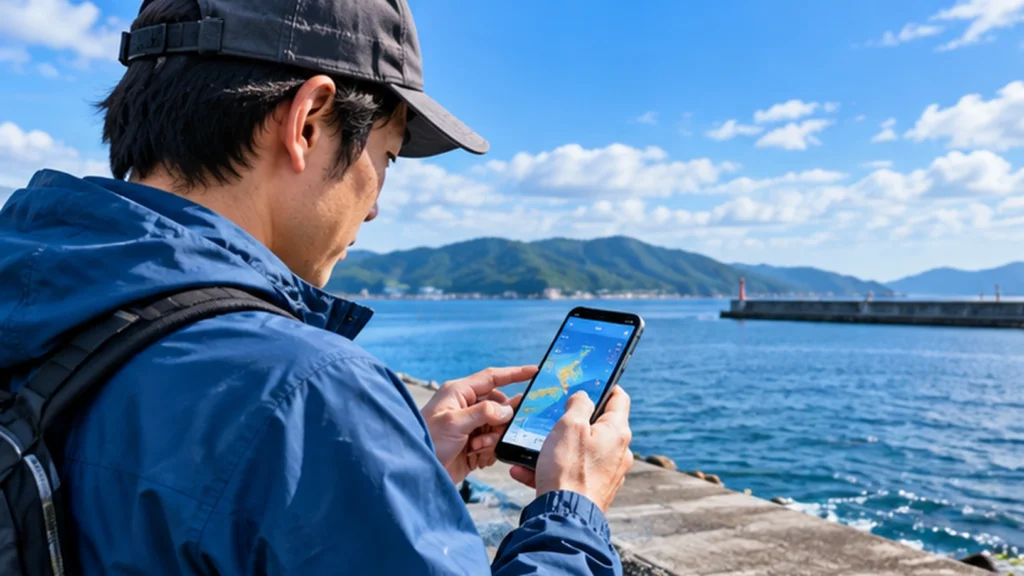 釣り場の堤防でスマートフォンの地図画面を確認する男性。釣り天気アプリを活用した釣行計画のイメージ