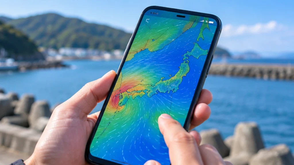釣り場でスマートフォンの風向・風速予報マップを確認する様子。海釣りの天気と風のチェック方法