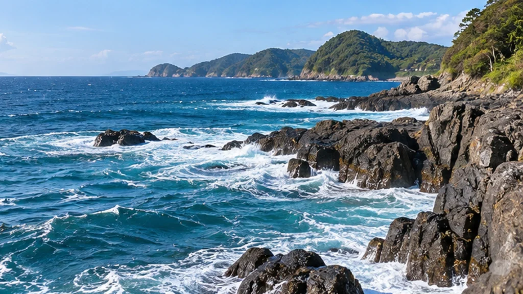 岩場の海岸に波が打ち寄せる様子。釣り場選びで確認したい風向きや波の状態