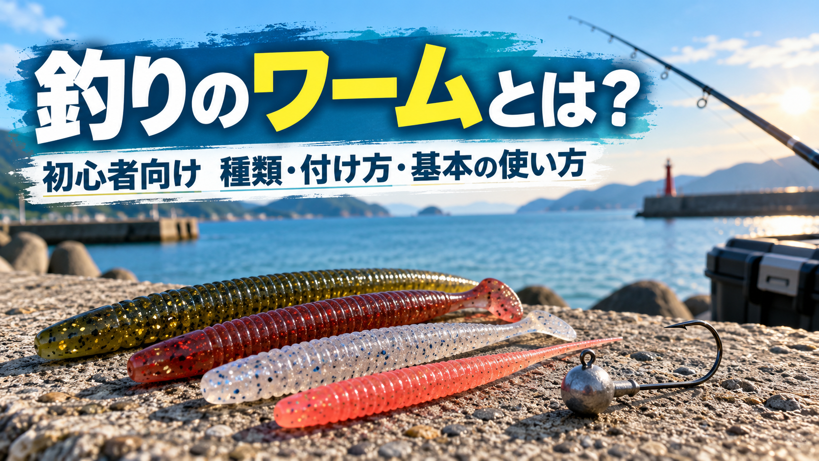 釣り用ワームとジグヘッドを並べた初心者向けワーム釣りの解説イメージ