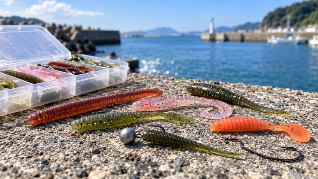 釣り用ワームとジグヘッド、フックを並べた初心者向けワーム釣りの道具