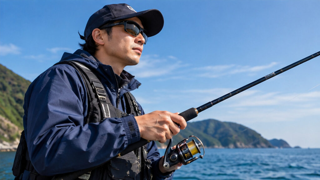 偏光サングラスと帽子を着用し、海辺でルアーフィッシングを楽しむ日本人男性