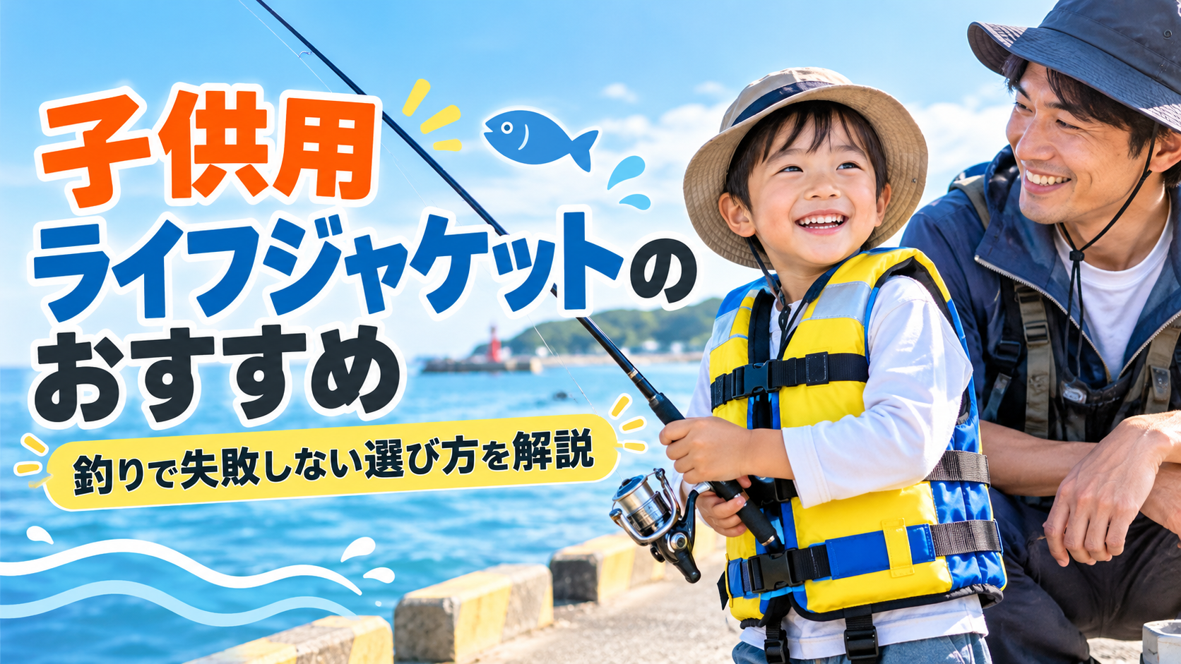 子供用ライフジャケットを着用して父親と海釣りを楽しむ男の子｜釣りにおすすめの選び方