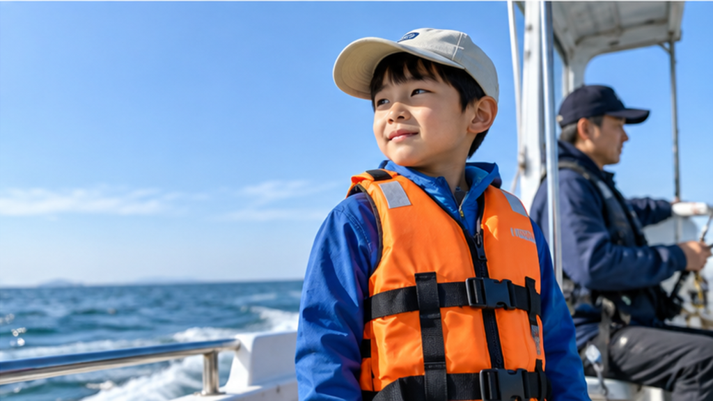 オレンジ色の子供用ライフジャケットを着用し、大人が付き添う釣り船に乗る男の子