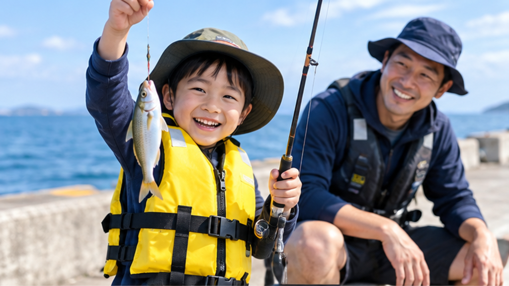 黄色い子供用ライフジャケットを着用し、父親と堤防で海釣りを楽しむ男の子