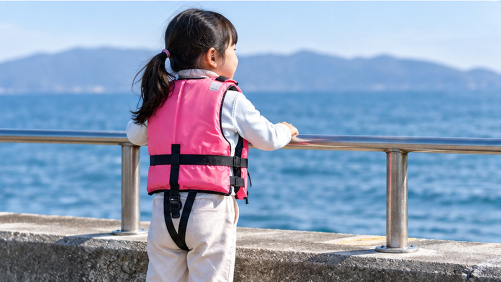 ピンク色の子供用ライフジャケットを着用し、安全柵のある海釣り施設で海を眺める女の子