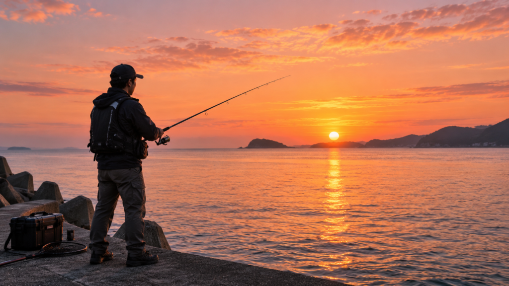 朝マズメの時間帯に防波堤から海釣りをする釣り人